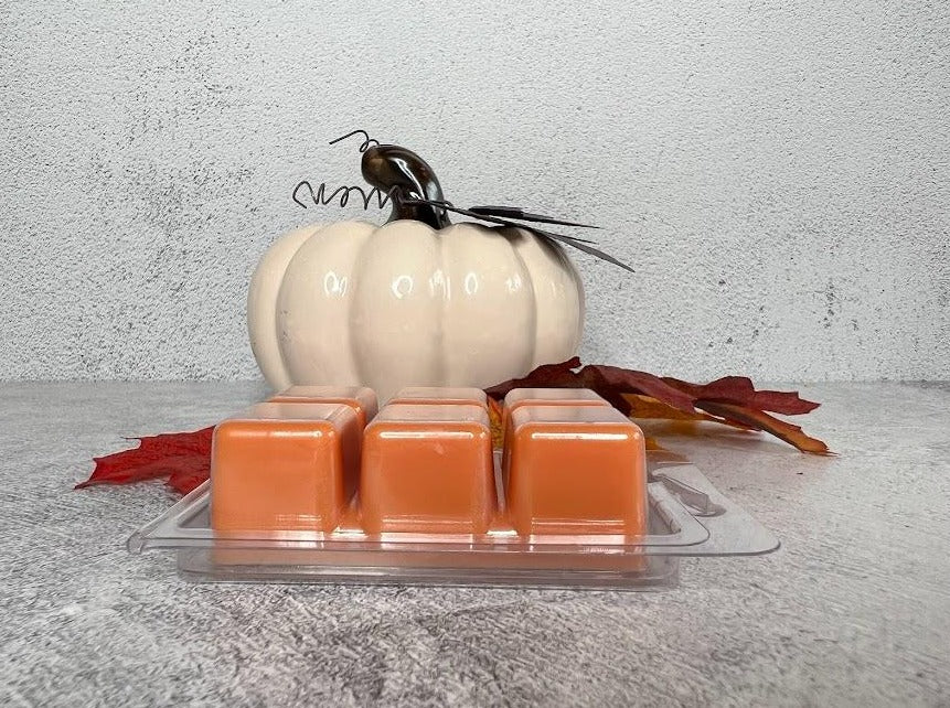 The bottom of a clamshell showing orange wax melts displayed in front of a pumpkin and fall leaves.